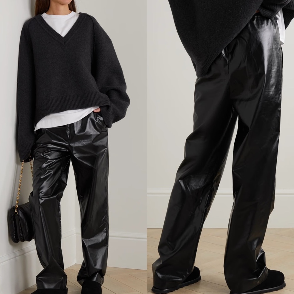 KASSL EDITIONS High Shine Straight Pull On Black Faux Leather Pants Trousers